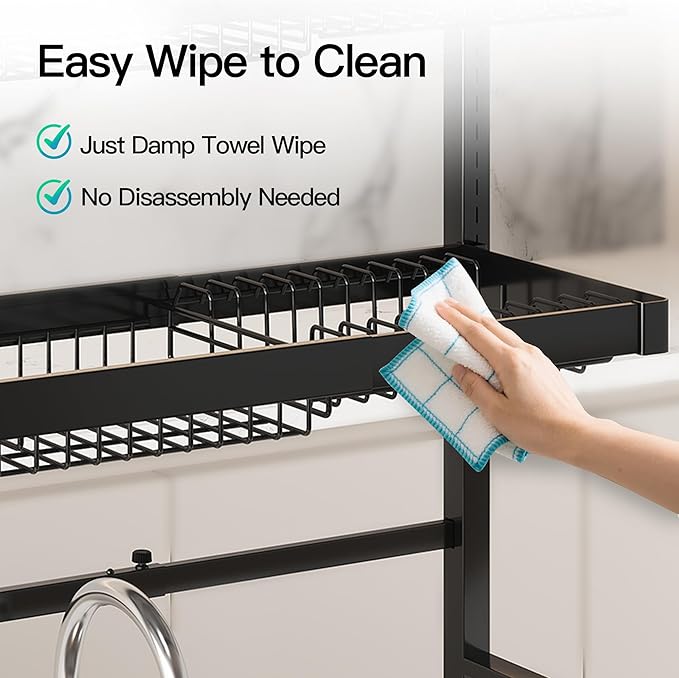 3 Tier Extra Large Stainless Steel Expandable Over The Sink Dish Drainer Drying Rack, Rust Proof Metal, Space Saving, Modern Black Big Capacity Extendable Plate Strainers Above Kitchen Counter