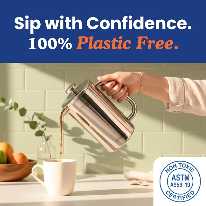 Non-Toxic Stainless Steel French Press, No Plastic or Heavy Metals, 34 oz | Surgical-grade steel. 4-layer filter. Double-wall insulated, stays hot for longer. Measure marks. Dishwasher safe. Portable.