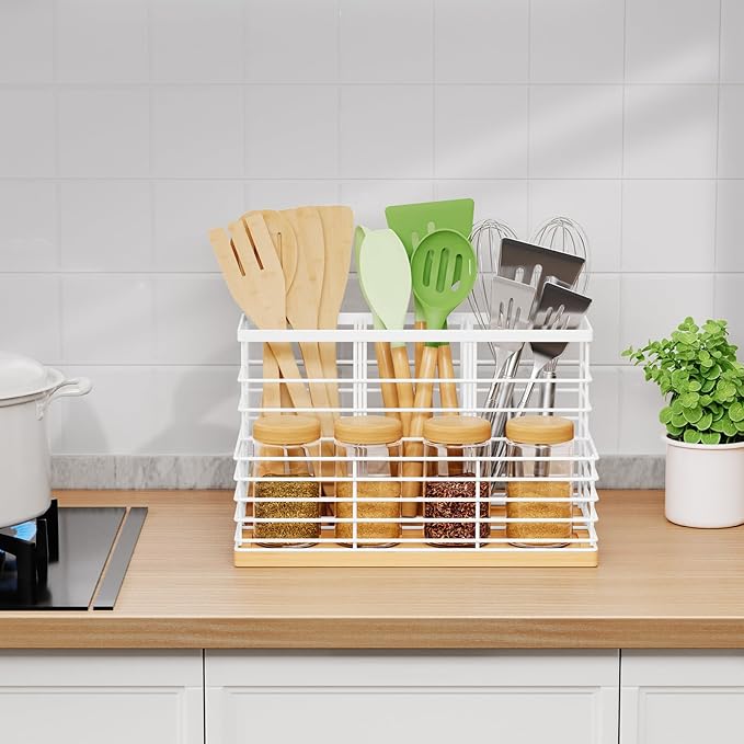 VITVITI Kitchen Utensil Holder for Counter, Large 4 Compartments Metal Bamboo Utensil Organizer, Farmhouse Cooking Utensils Holder Caddy for Countertop, White