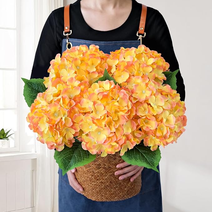 JINWOE Silk Hydrangea Artificial Flowers, 5Pcs 20Inch Large Lifelike Silk Artificial Hydrangeas, Full Fake Flowers for Bouquet Table Centerpieces Wedding Indoor Home (Yellow &Orange)
