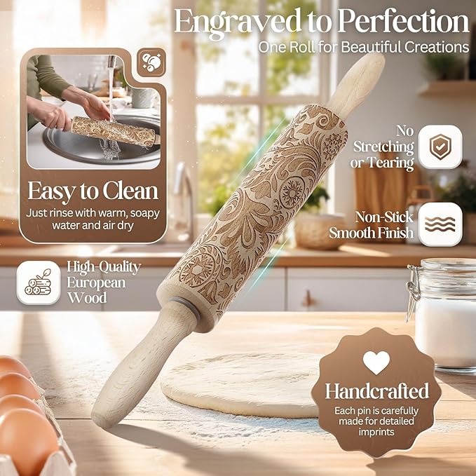 Flexzion Embossed Rolling Pins with Patterns for Baking, 7.7-inch Engraved Wooden Rolling Pin with Snowflake Flower Pattern Rolling Pin for Baking Pastry Pizza Dough Fondant Cookie Pie Crust Pasta
