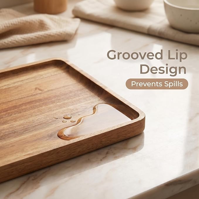 2 PCS Solid Acacia Wood Serving Trays Rectangular Wooden Serving Platters Natural Wooden Boards for Bar Coffee Party 13 * 9 inch