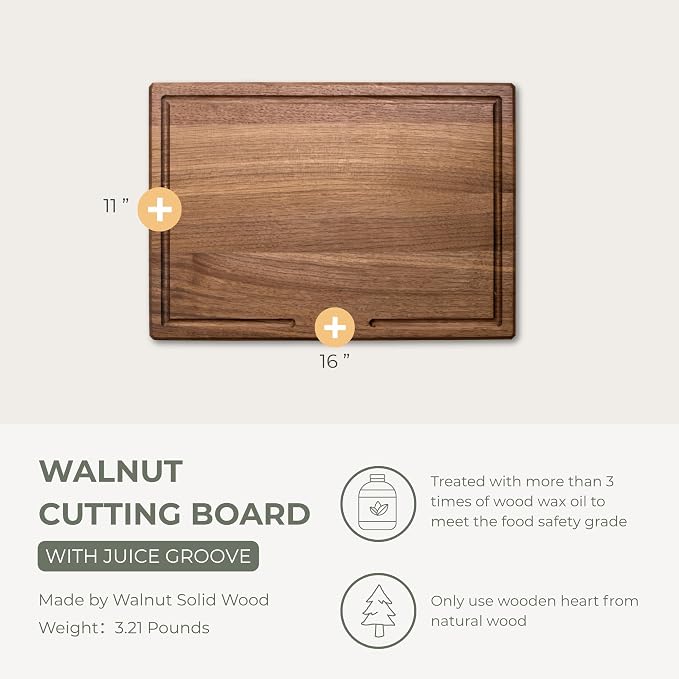 muso wood Walnut Wood Cutting Board Wooden Kitchen Chopping Board with U-Shaped Juice Groove & Handle, Heavy Duty Cutting Board for Vegetables, Meat, Fruits (16 x 11 inch)