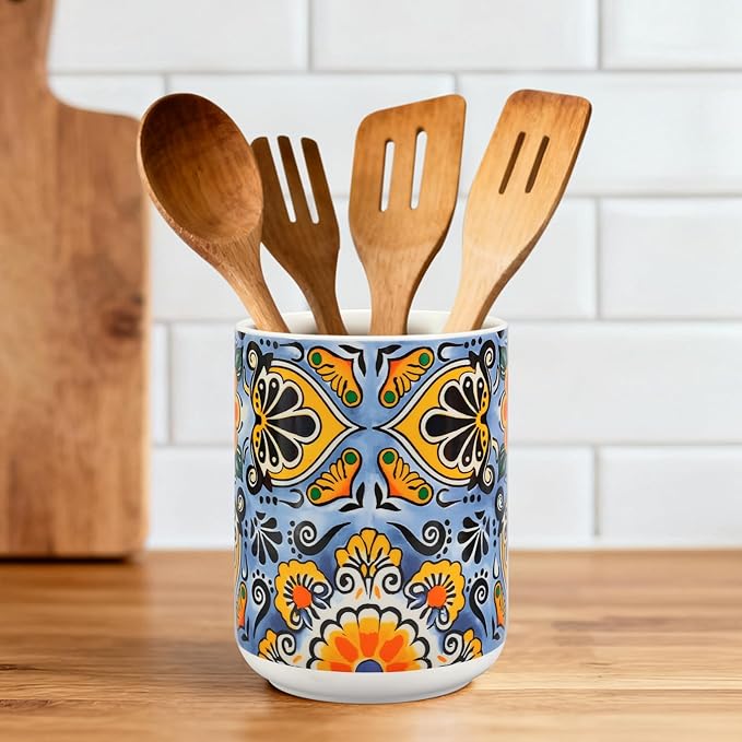 FYSUIMU Mexican Utensil Holder for Counter Cinco De Mayo Talavera Pottery Kitchen Decor Vintage Utensil Crock Ceramic Mexico Decor for Home Kitchen Countertop Storage Container Vase Spatula Holder