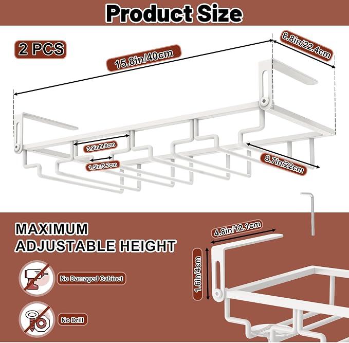 AUHOKY 2Pcs Adjustable Wine Glass Rack Under Cabinet, Punch-Free 4 Rows Stemware Wine Glass Metal Holder, Hanging Wine Glasses Storage Hanger Organizer for Shelf Kitchen Bar Decor(White, 4 Rows)
