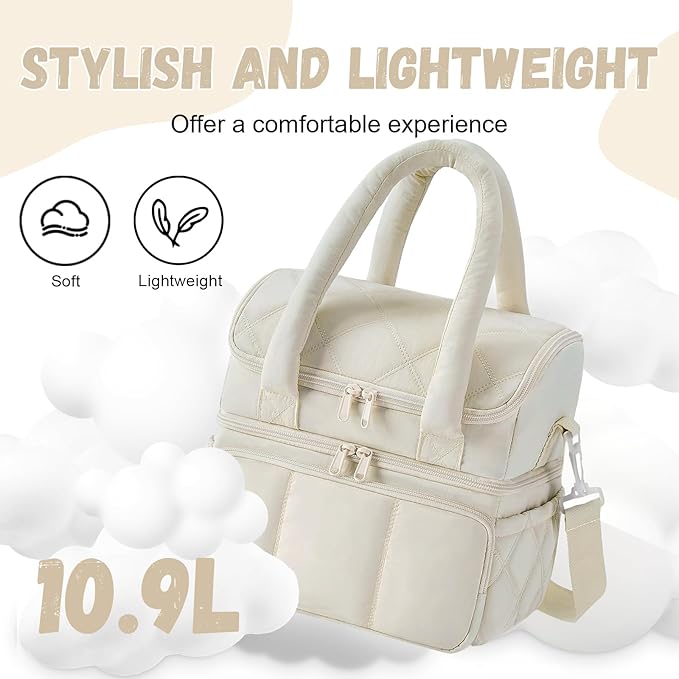 Nanxson Women Lunch Bag Double Deck Insulated Lunch Tote Bag Leakproof Quilted Puffer Lunch Box Reusable Lunch Cooler with Adjustable Strap For Work Picnic Travel Outdoor (10.9L, Beige)