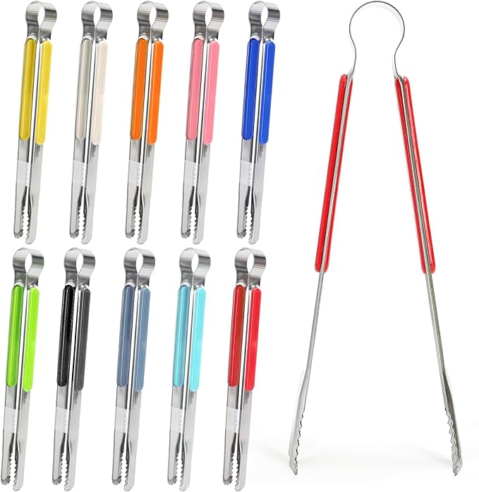 10 Pack Stainless Steel Kitchen Tong, 10 inch Heavy Duty Serving Tong with Heat-Resistant Handle, Grill Clamp Beefsteak Clip in 10 Colors for Cooking, BBQ, Meat, Salad, Ice