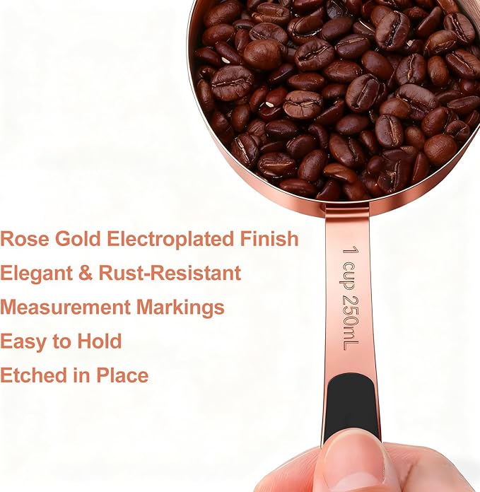 Bopei Measuring Cups and Spoons Set, Rose Gold Plated Stainless Steel 10 Piece for Cooking and Baking (5 Cups + 5 Spoons RoseGold)