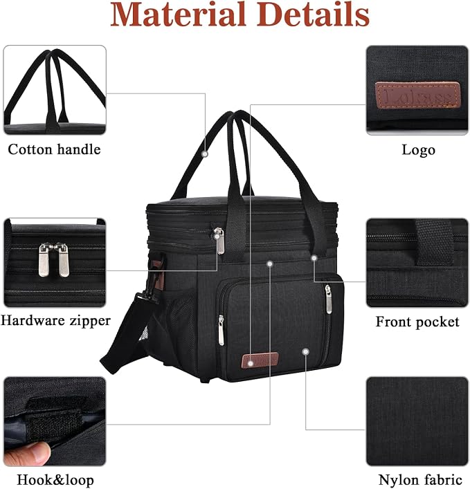 LOKASS Lunch Bag& Lunch Box for Men Women Double Deck,Large Insulated Adult Lunch Box Leakproof Lunchbox Cooler Bag for Work Picnic Beach, Black