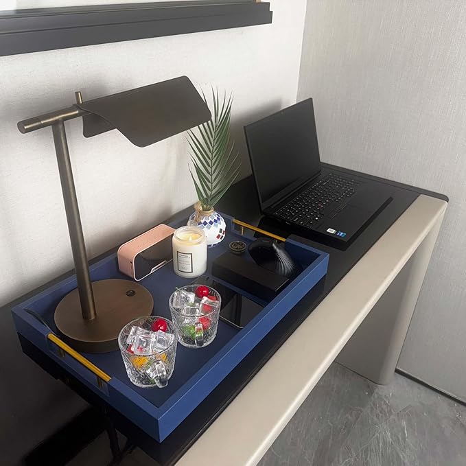 14x20 Inches Blue Faux Leather Wrapped Wood Serving Tray with Metal Handles for Various Occasions, Ottoman, Home Decor Decorative, Living Room, Coffee Table Organizer, Serving Breakfast On Bed