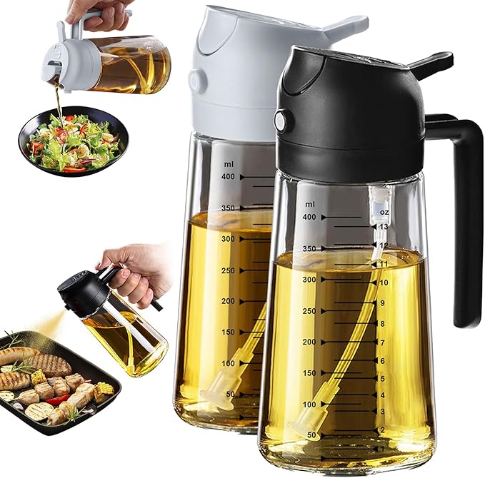 TrendPlain 16oz/470ml Glass Olive Oil Sprayer for Cooking – 2 in 1 Olive Oil Dispenser Bottle for Kitchen Gadgets and Air Fryer Accessories, Salad, BBQ - Black & Ash