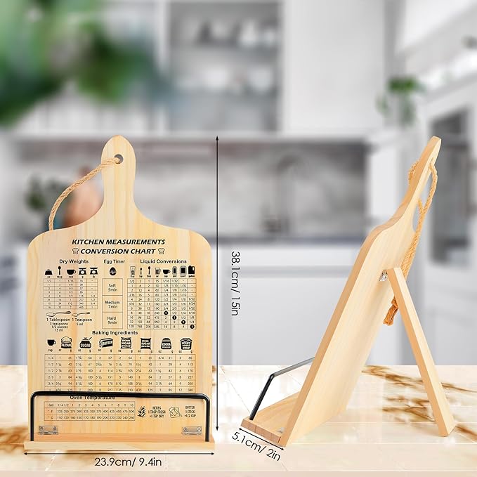 comfoyar Cookbook Stand for Kitchen Counter, Sturdy Recipe Book Holder with Adjustable Angle, Foldable Wood Cook Book Stand Holder with Measurement Conversion Chart for Baking, Easy Storage