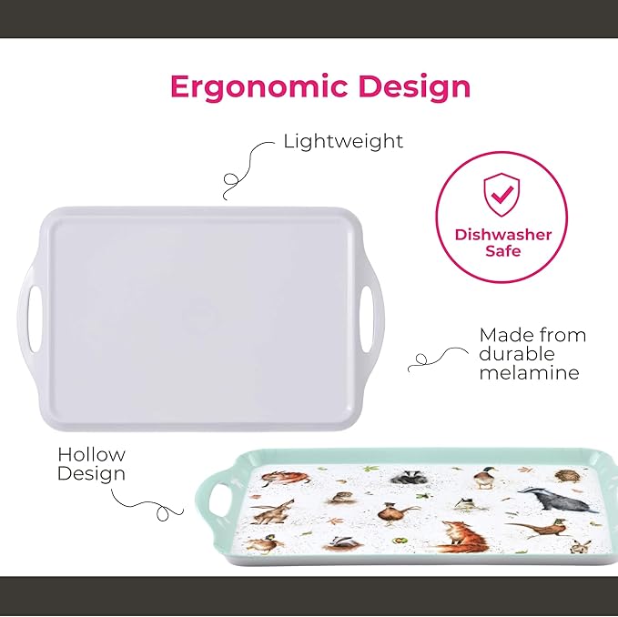 Pimpernel Wrendale Designs Collection Large Handled Tray | Serving Tray for Lunch, Coffee, or Breakfast | Made of Melamine for Indoor and Outdoor use | Measures 18.9" x 11.6" | Dishwasher Safe