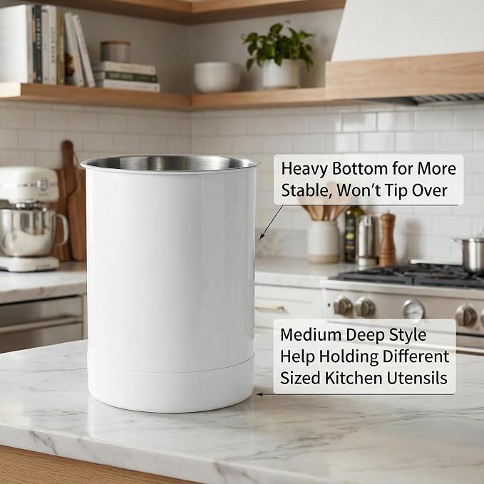 KSENDALO Stainless Steel Utensil Holder Set of 3 - 6.6* 5inch Round Kitchen Caddy, Crock, and Organizer for Cooking Spoons, Silverware, and Spatulas - Stylish Metal Container for Countertop, White | White Painted Stainless, Heavier Base, 6.6 inchTall, ...