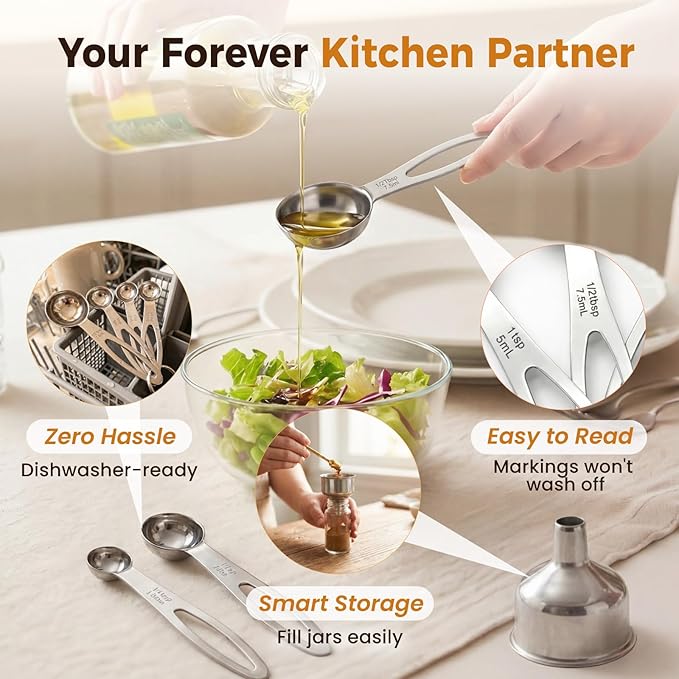 13PCS Stainless Steel Measuring Cups and Spoons Set with Funnel, Stackable Metal Measuring Cup and Spoon Set for Baking Cooking, Dishwasher Safe Kitchen Tools with for Dry & Liquid Ingredients
