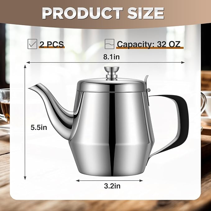 Yungyan 2 Pack Stainless Steel Teapot 32 oz Silver Small Metal Gooseneck Tea Pot Water Kettle for Stove Restaurant Home