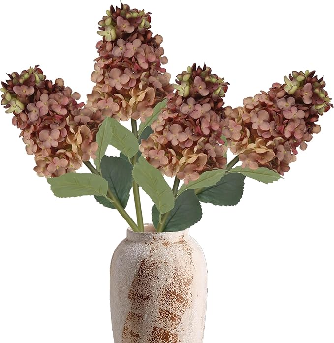 Faux Silk Fall Flowers 4PCS Hydrangea Artificial Flowers That Look Like Real Dried Hydrangeas 24” Sing Long Stem Fake Flowers for Wedding Bouquet Home Party Table Floral Arrangement Decor (Brown)