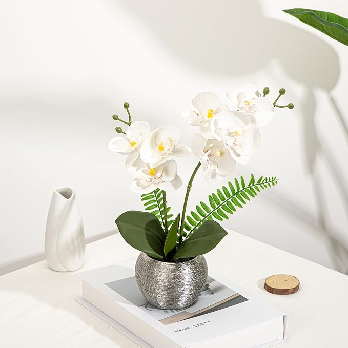 Briful Fake Orchid Flowers 13'' White Orchids Artificial Flowers with Silver Ceramic Vase Faux Orchid for Home Office Decor Indoor
