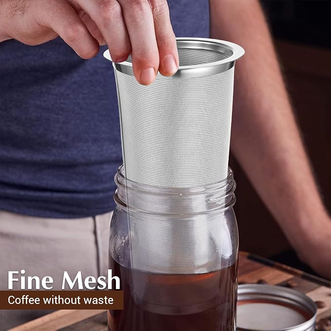 3 Pack Cold Brew Coffee Filter for 64oz Wide Mouth Mason Jar, 304 Stainless Steel Filter Ultra Fine Mesh Strainer, Reusable for Iced Coffee, Tea, Fruit Drinks