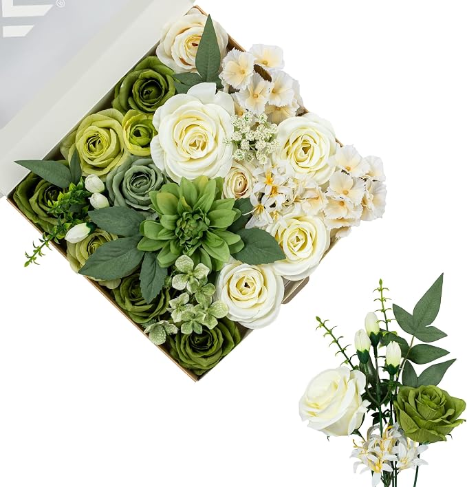 FANKO Artificial Flowers for DIY, Green White Faux Flowers Bouquet, Fake Rose Dahlia Daisy Hydrangea Silk Flowers for Vase, Home Decor, Garlands, Garden Wedding, Party, Housewarming
