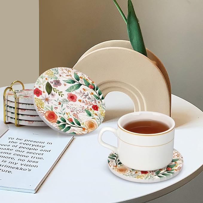 6 Pack Cute Flower Drink Coasters with Holder Funny Ceramic Absorbent Coaster Set of 6 Decorative Coffee Table Decor Gift Unique Desk Vintage Outdoor Coster Modern Cool Floral Tea Cup Boho Coasters