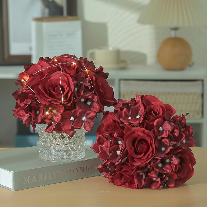 Rose Silk Flower Arrangement Artificial Vivid Rose in Glass Vase with LED Light Elegant Centerpiece for Home Wedding Bathroom Table Shelf Decoration (Dark Red)