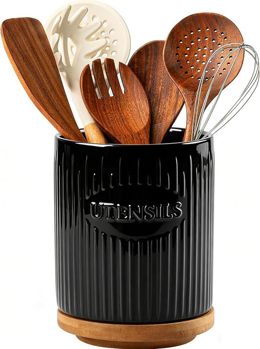 360° Rotating Utensil Holder, 7.6" Large Ceramic Kitchen Utensil Holder for Countertop with Rotatable Bamboo Base, Stable Cooking Utensil Crock, Farmhouse kitchen Decor, Black