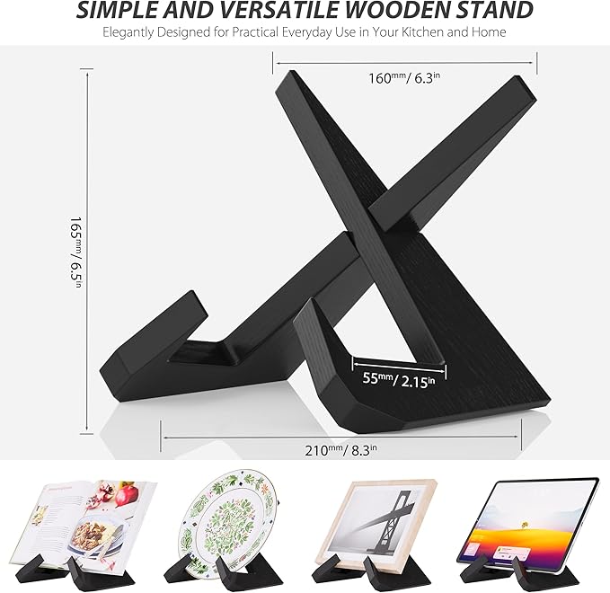 Cookbook Stand for Kitchen, Wooden Cook Book Holder, Plate Stands for Decor Display, Recipe, Counter, Photo, Gift(Black)