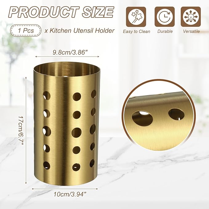 uxcell Kitchen Utensil Holder, 3.9x6.7 Stainless Steel Utensil Cutlery Holder Round Flatware Organizer with Drain Hole for Kitchen Restaurant Countertop Straw, Spoon, Chopstick, Gold