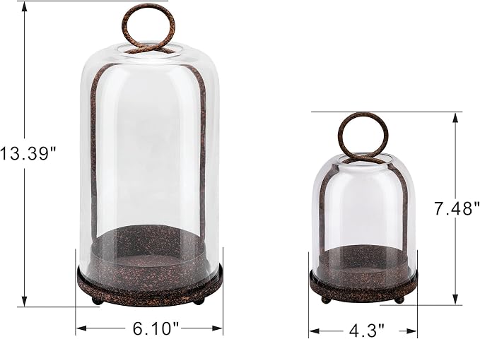6" & 4" Wide Versatile Modern Metal Hurricane Lantern with Handmade Sturdy Glass Dome in Rustic Brown for Pillar Candle & Plants, Industrial, Farmhouse, Shabby Chic (Brown, 4"x7.5" &6.3"x11.2")