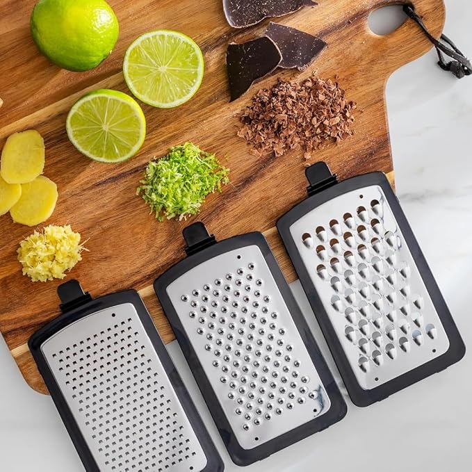 GINSU Plastic 3-in-1 Ergonomic Grater – 5x4x8in Multifunctional Cheese, Vegetable & Fruit Grater with Non-Slip Base and Comfortable Handle for Easy Kitchen Prep