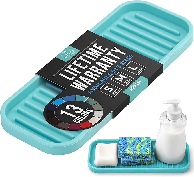 Zulay Kitchen (9x3.5) Silicone Sponge Holder for Kitchen Sink - Flexible Multipurpose Soap Tray Sponge Holder - Sink Organizer Tray for, Bathroom, Makeup, Trinkets & More (Aqua Sky)