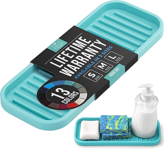 Zulay Kitchen (9x3.5) Silicone Sponge Holder for Kitchen Sink - Flexible Multipurpose Soap Tray Sponge Holder - Sink Organizer Tray for, Bathroom, Makeup, Trinkets & More (Aqua Sky)