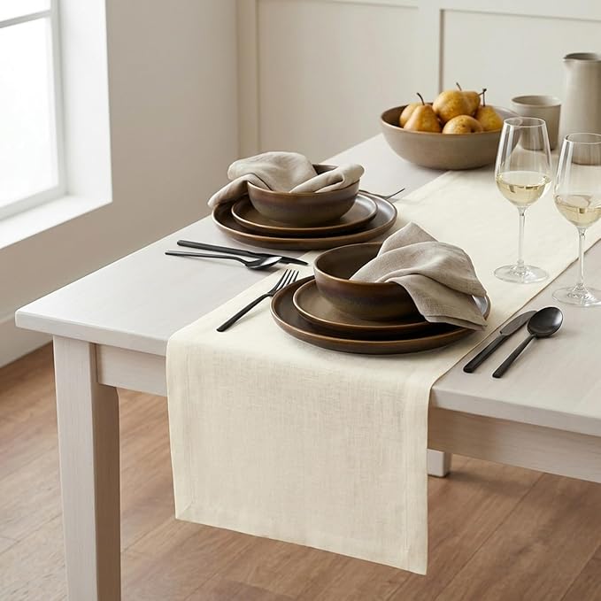 Solino Home Linen Ivory Table Runner 156 Inches Long - 100% Pure Linen Extra Long Table Runner 14 x 156 Inch for Spring, Summer - Fete