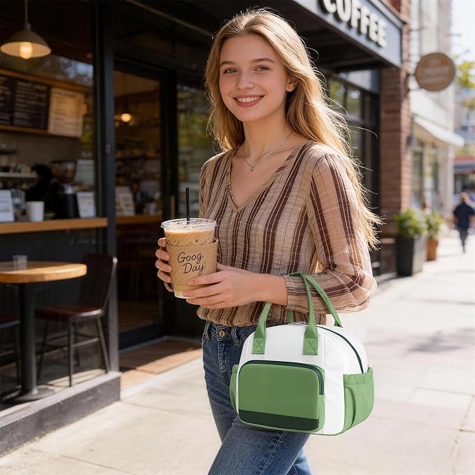 Stylish Color-blocked Lunch Bag for Women, Leakproof Lunch Box for Adult Girls, Large Capacity Reusable Lunch Box for Work Picnic Travel (Green with Off White)