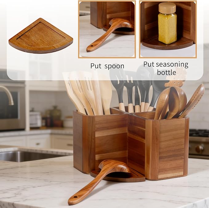 Large Kitchen Utensils Holder with 3 Compartments,Corner Utensil Caddy for Countertop,Acacia Wooden Utensil Organizer for Kitchen Countertop, Farmhouse Decor