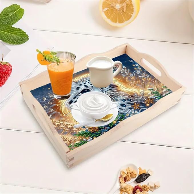 DIY Diamond Serving Tray with Handle Handmade Diamond Art Painting Wooden Rectangular Breakfast Tray for Dinner Plate Coffee Room Living Home Organizer-Tiger