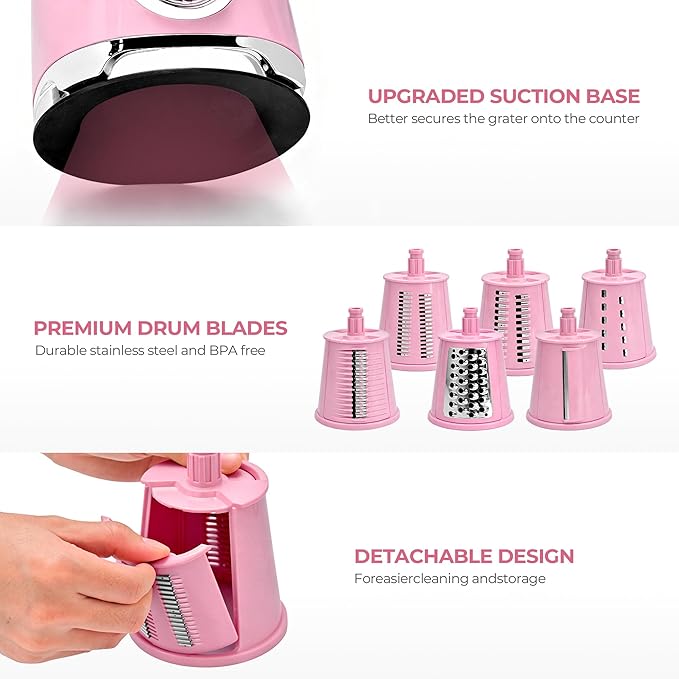 SUSTEAS Rotary Cheese Grater with Handle,Vegetable Slicer with 6 Interchangeable Blades, Reinforced Suction,Easy to Clean,Kitchen Shredder for Crushed Ice,Fruits and Nuts with Blade Storage Case,Pink