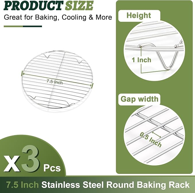 P&P CHEF Round Cooking Rack, 3 Pcs Stainless Steel Baking Cooling Steaming Grilling Rack, Fits Air Fryer/Stockpot/Pressure Cooker/Round Cake Pan, Oven & Dishwasher Safe (7.5 Inch)