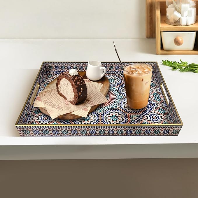 Plastic Coffee Trays,Serving Tray,Bohemian Blue Tray,15.7" L x 11.8" W x 1.57" H,Lightweight and Non-Slip with Handles,Perfect for Restaurants,Cafés,and Home Use(Rectangle Bohemian Blue)