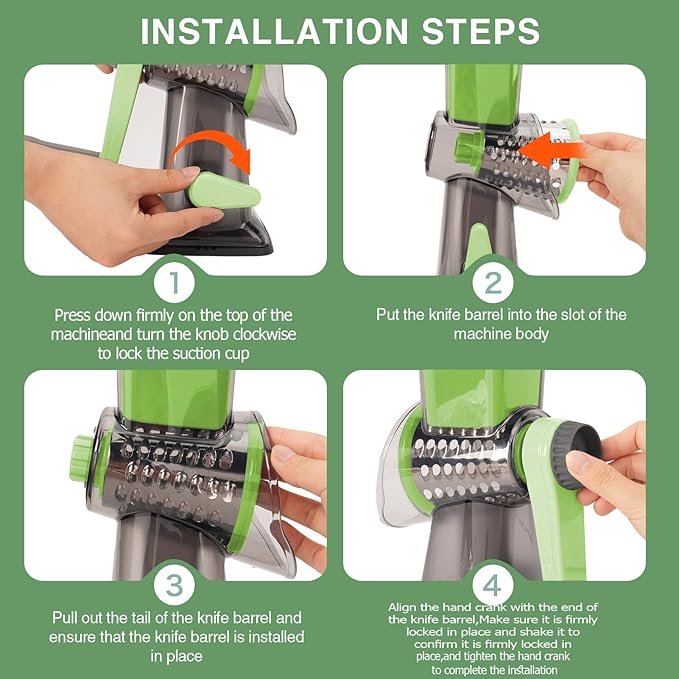 Rotary Cheese Grater with Handle-Versatile Cheese Grater Non-Slip Suction Base,Cheese Shredder & Food Slicer for Cheese,Carrots, Cucumbers,Nuts-Compact & Easy Clean Kitchen Kitchen Tool (Green)