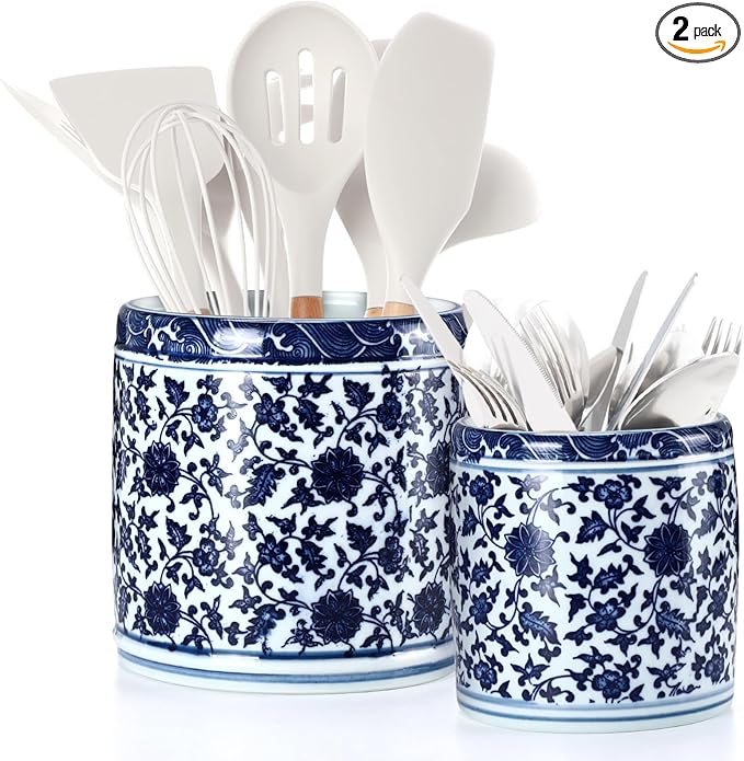 SiliFine 2 Pcs Blue and White Kitchen Utensil Holder 5"+6.1" Ceramic Kitchen Cooking Holder for Countertop Large Utensil Crock for Home Decor Parties Chinoiserie Blue