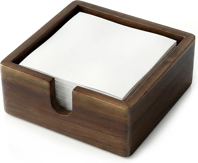 Acacia Cocktail Paper Napkin Holder Square 5.4x5.4 inches, Wood Flat Napkin Tray, Cocktail Napkin Caddy For Kitchen Décor, Restaurant Countertop Bar Accessories