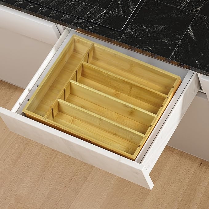 Silverware Organizer Kitchen Bamboo Drawer Organizer - 5 Slots Total Utensil Organizer for Flatware, Cutlery & Knives. Ideal Utensil Drawer Organizer for Kitchen, Natural