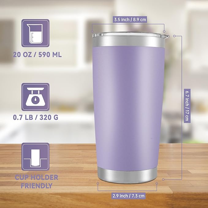 20 oz Tumblers Bulk Stainless Steel Tumbler with Lid Double Wall Vacuum Insulated Coffee Mug 20oz Powder Coated Cup for Hot and Cold Drinks, Purple, 6 pack