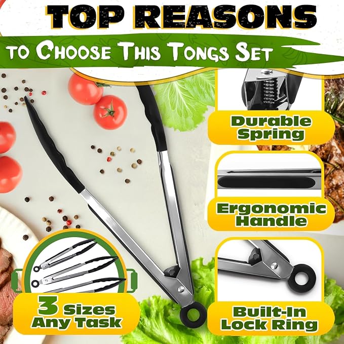 Kitchen Tongs Set of 3 — 7", 9", 12" Silicone Tongs for Cooking, Stainless Steel Build with Silicone Tips, Non-Stick Pan Safe, Easy-Lock Handle — Salad, Grilling, BBQ, Pasta, Frying, Steak, Serving