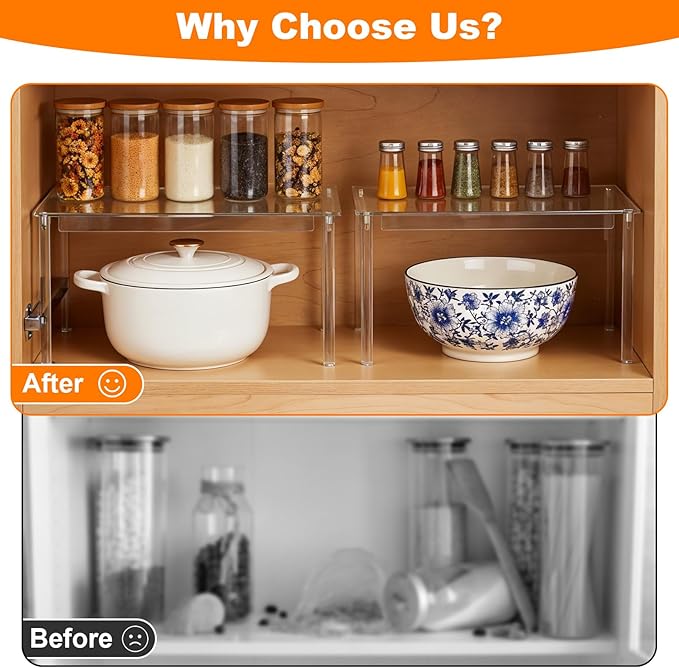 4 Pcs Clear Acrylic Cabinet Organizer Shelves, Stackable Spice Rack & Shelf Riser for Kitchen Pantry, Countertop, Bathroom, Desk & Cupboard Storage, Versatile Display Organizer for Makeup