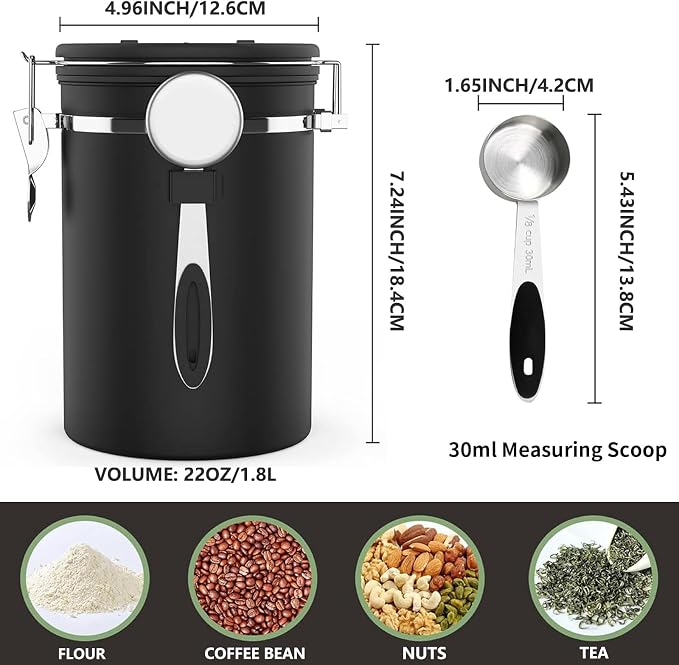 Coffee Canister with Window, 22OZ Airtight Stainless Steel Food Storage Container, Home Kitchen Sugar Organizers Jar with Scoop for Beans, Rice,Tea, Flour, Cereal, Black