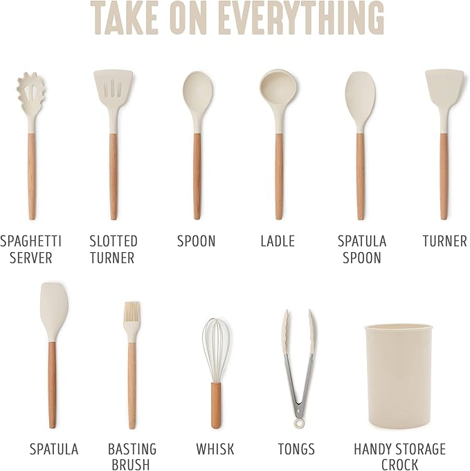 GreenLife 11 Piece Silicone Utensil Crock Set, Nonstick Kitchen Tools, Ladle, Turner, Slotted Turner, Spatula, Spoon, Spaghetti Server, Brush, Whisk, Tongs, Crock, Cream White