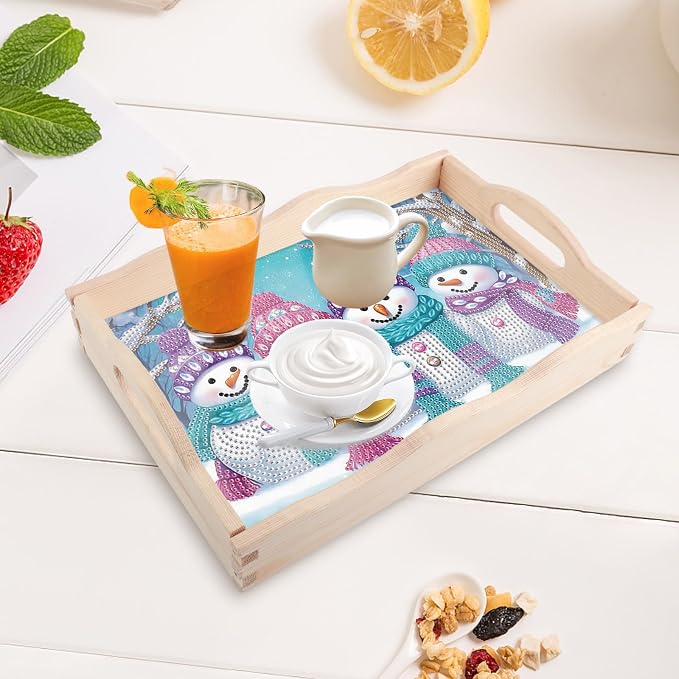 DIY Diamond Serving Tray Rectangular Breakfast Tray with Handle Handmade Diamond Art Painting Wooden Tray for Dinner Plate Coffee Room Living Home Organizer-Snowman03